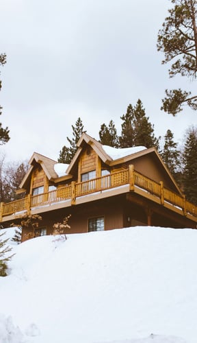 Snow-covered chalet with golden log railings on a wide upper deck, surrounded by pine trees in winter